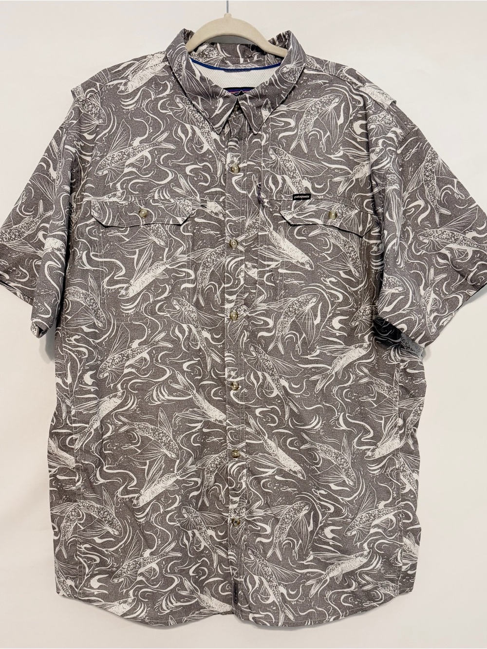 Patagonia Gray Short-Sleeve Button-Down with White Fish Print